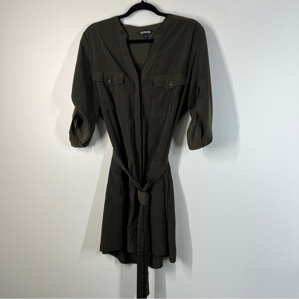 EXPRESS Size L Sage Green Shirt Dress waist Tie Button Up